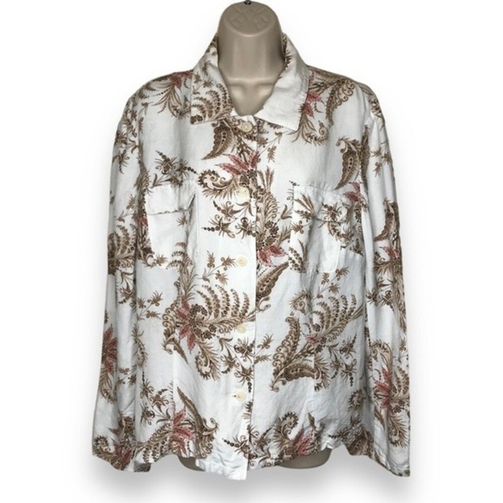 Evan Picone Linen Blend Paisley Floral Long Sleeve Button Front Shirt Womens 18